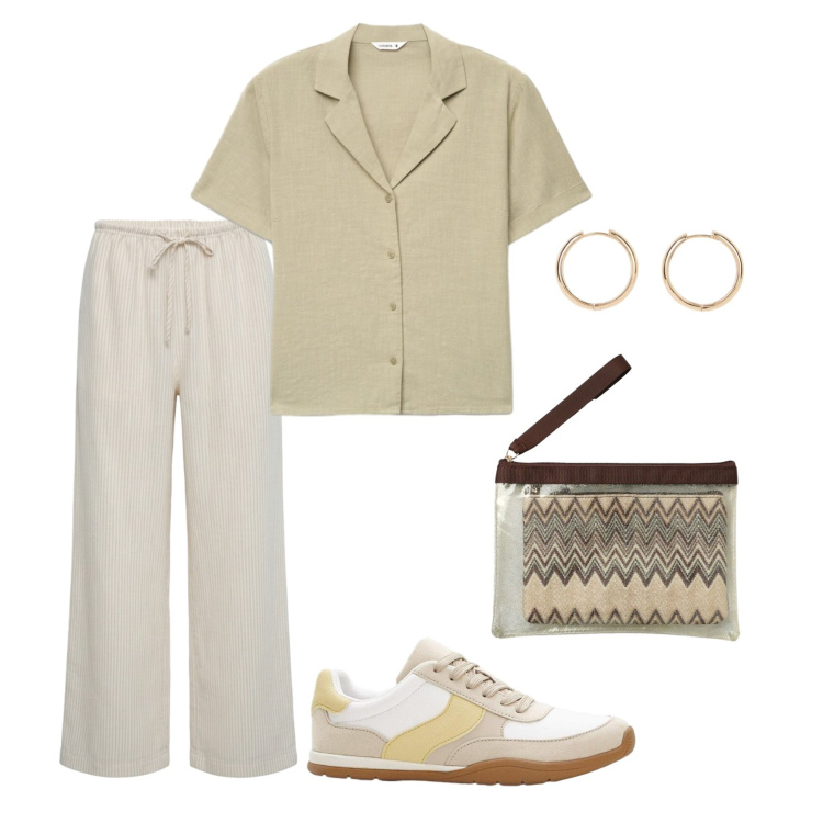 Outfit donna - Total look #2462054. Stile Casual per Tutti i giorni. Abbinamento con sneakers, orecchini, camicie a manica corta, pochette, pantaloni.
