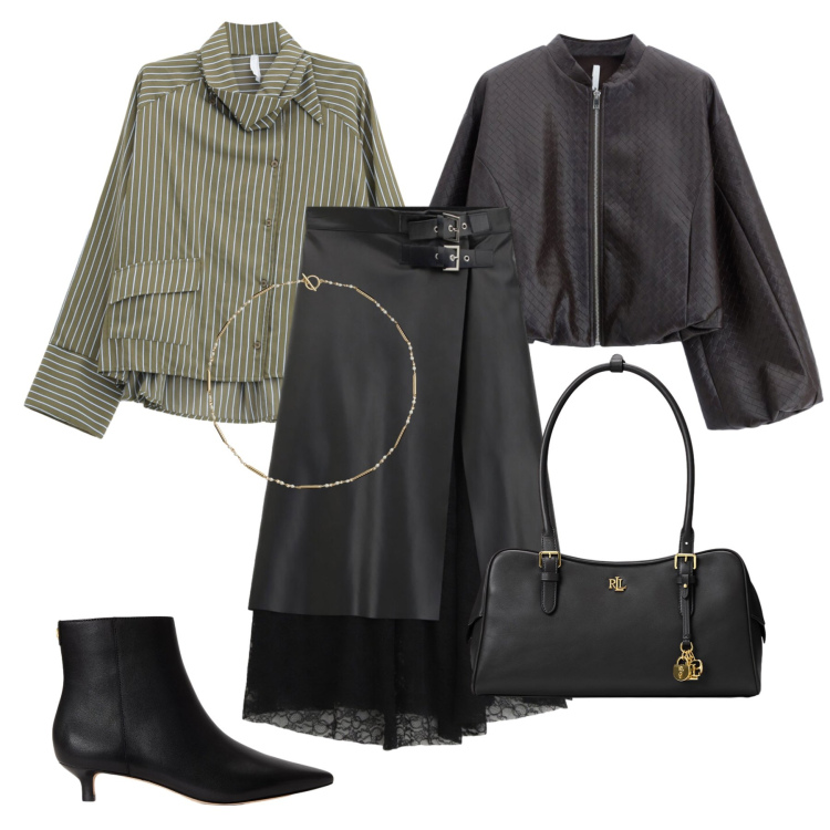 Outfit donna - Primo giorno in ufficio. Stile Chic per Ufficio. Abbinamento con camicie, bomber, gonne longuette, borse a mano, collane, stivaletti.