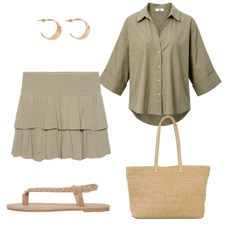 Outfit donna - Total look #2462056. Stile Casual chic per Tutti i giorni. Abbinamento con shopping bag, orecchini, ciabatte, minigonne, camicie.