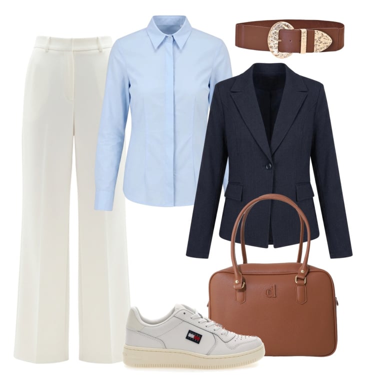 Outfit donna - Comoda con stile. Stile Casual chic per Ufficio. Abbinamento con borse a mano, pantaloni a palazzo, camicie, cinture, blazer, sneakers.