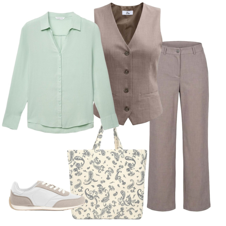 Outfit donna - Total look #2462060. Stile Casual chic per Ufficio. Abbinamento con sneakers, camicie, shopping bag, pantaloni, gilet.