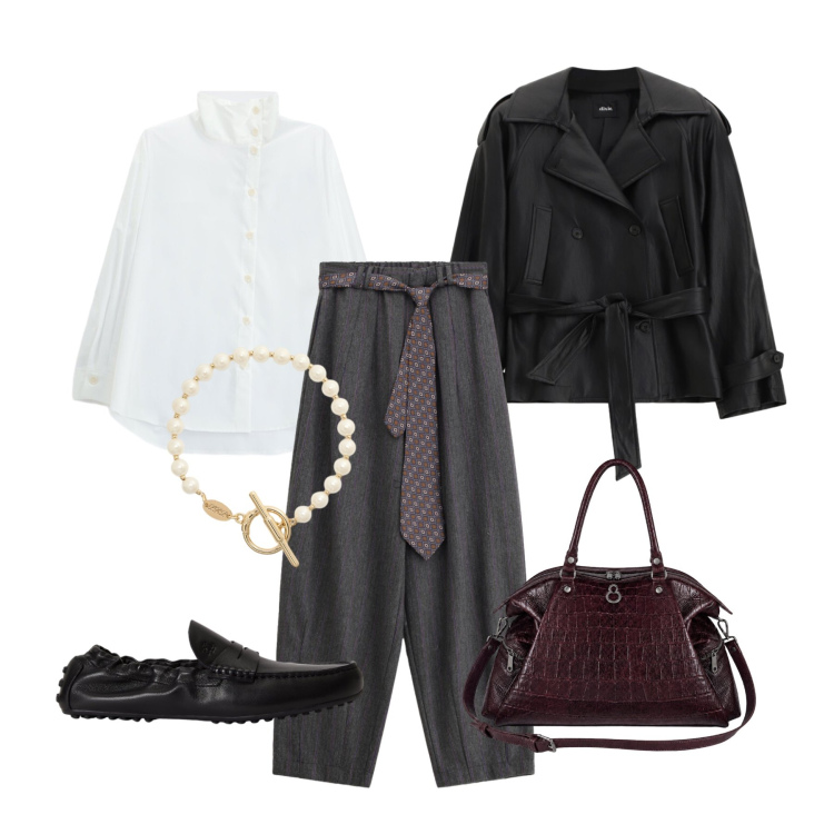 Outfit donna - Rosso e grigio: palette autunnale. Stile Chic per Ufficio. Abbinamento con pantaloni, trench, camicie, shopping bag, mocassini, braccialetti.