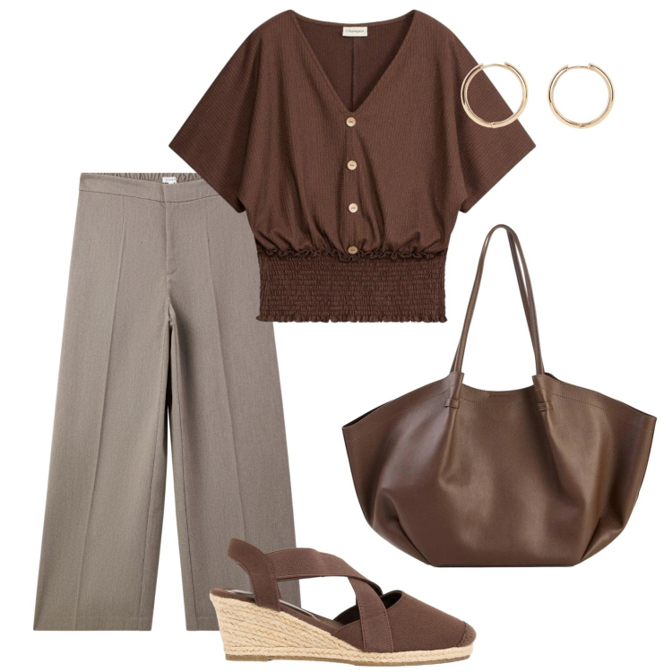 Outfit donna - Total look #2462064. Stile Chic per Ufficio. Abbinamento con bluse, zeppe, orecchini, shopping bag, pantaloni.