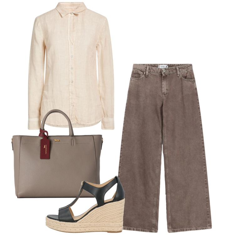 Outfit donna - Zeppe di fine estate. Stile Casual chic per Ufficio. Abbinamento con camicie, espadrillas, borse a mano, jeans dritti.