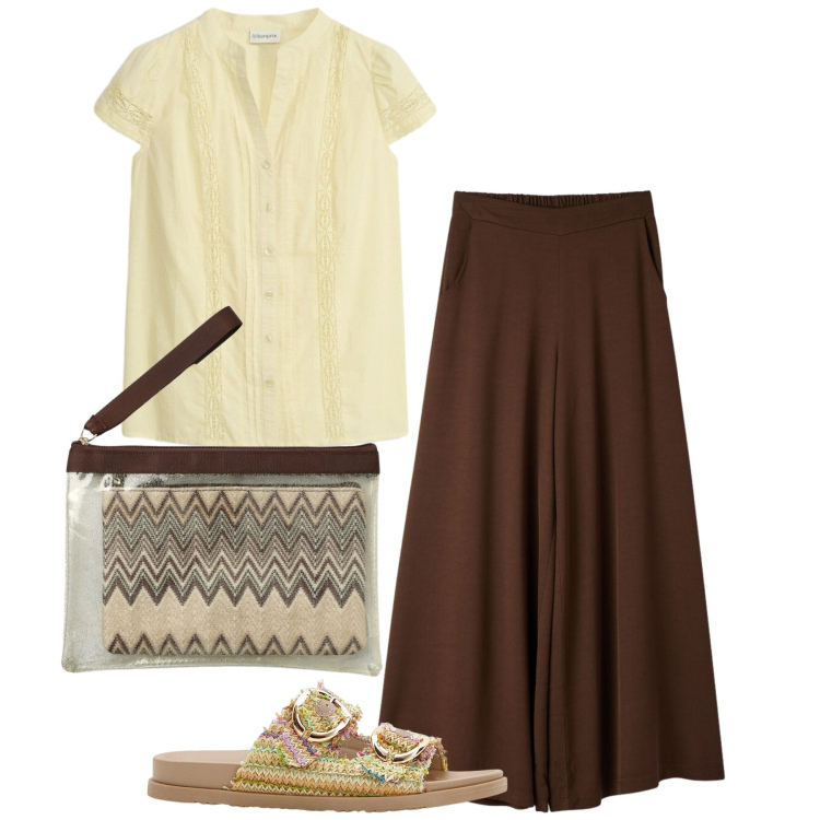 Outfit donna - Ruota. Stile Bon Ton per Tutti i giorni. Abbinamento con ciabatte, camicie a manica corta, pochette, pantaloni.