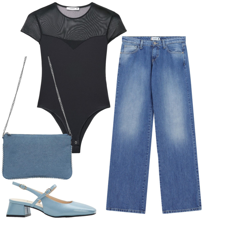 Outfit donna - Rientro. Stile Casual chic per Tutti i giorni. Abbinamento con décolleté, top, borse a tracolla, jeans dritti.