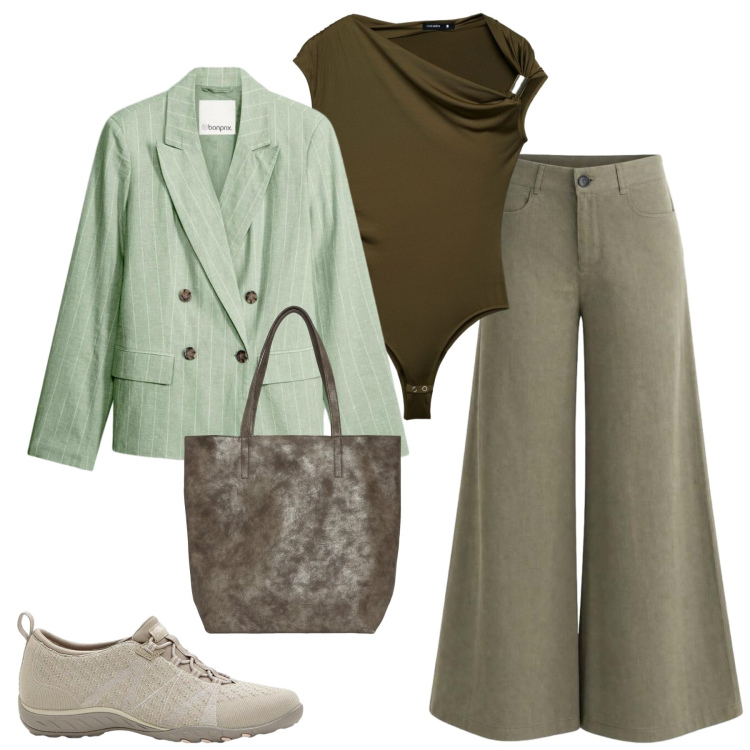 Outfit donna - Ufficio. Stile Basic per Tutti i giorni. Abbinamento con sneakers, blazer, shopping bag, top, pantaloni a palazzo.