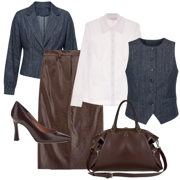 Outfit donna - Denim & Pelle per l’ufficio. Stile Casual chic per Ufficio. Abbinamento con gonne longuette, camicie, borse a spalla, gilet, blazer, décolleté.