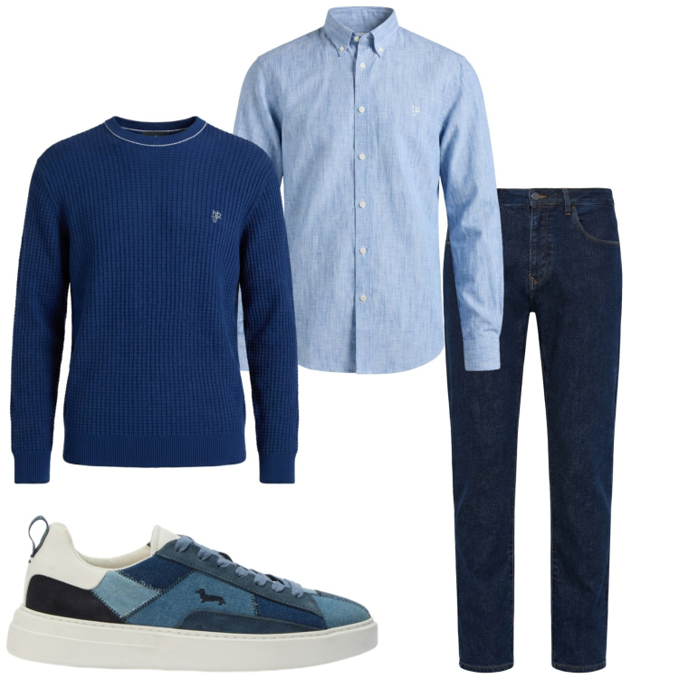 Outfit uomo - In città. Stile Urban per Ufficio. Abbinamento con sneakers, maglieria, camicie, jeans.