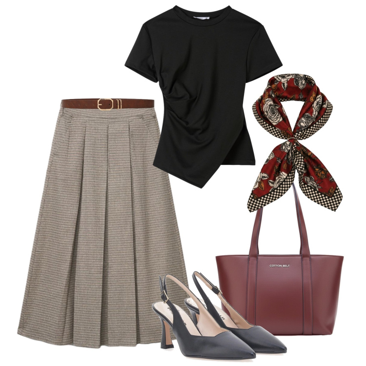 Outfit donna - Ufficio vintage 2.0. Stile Vintage retrò per Ufficio. Abbinamento con gonne longuette, t-shirt, cinture, foulard, shopping bag, décolleté.