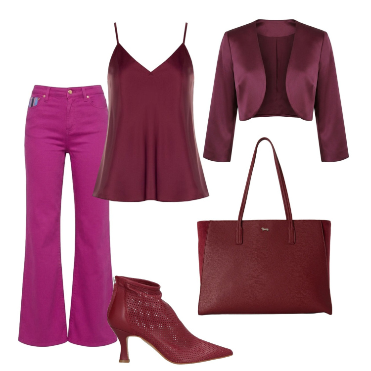Outfit donna - Total look #2462077. Stile Casual chic per Cerimonia. Abbinamento con stivaletti, pantaloni, shopping bag, top, bolero.