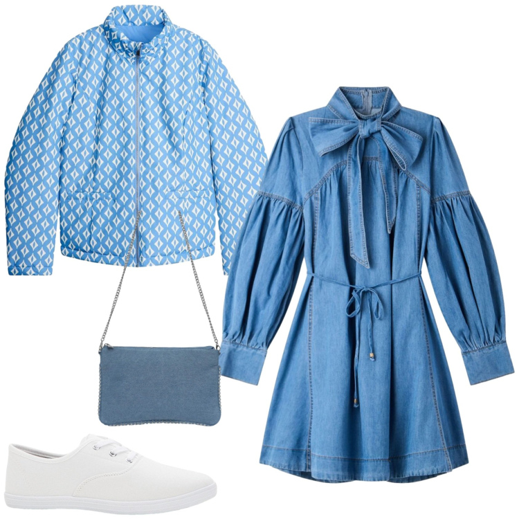 Outfit donna - Casual ufficio tempo libero. Stile Casual per Tutti i giorni. Abbinamento con sneakers, giacche, vestiti chemisier, borse a tracolla.