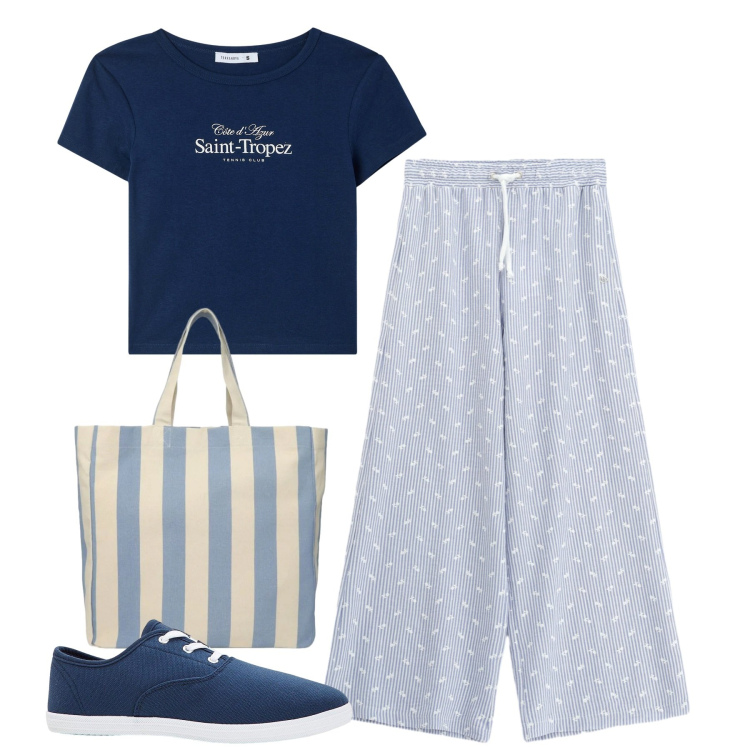 Outfit donna - A scuola di dizione. Stile Basic per Tutti i giorni. Abbinamento con sneakers, shopping bag, t-shirt, pantaloni a palazzo.