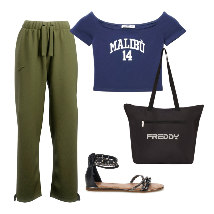 Outfit donna - Total look #2462087. Stile Casual per Sport. Abbinamento con t-shirt, shopping bag, pantaloni, sandali.