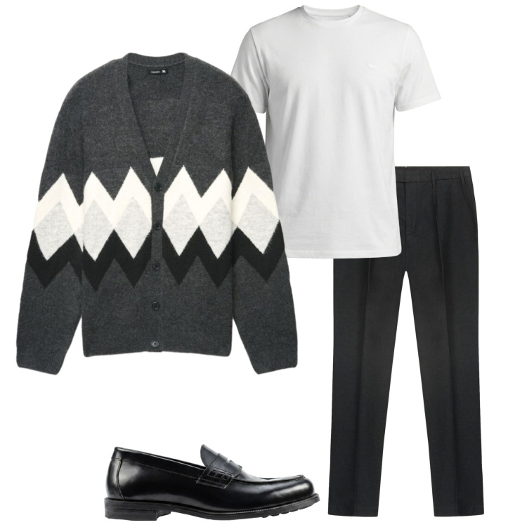 Outfit uomo - Serata con amici. Stile Casual per Serata speciale. Abbinamento con t-shirt, cardigans, pantaloni, scarpe stringate.