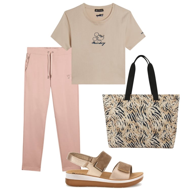 Outfit donna - Total look #2462089. Stile Casual per Sport. Abbinamento con pantaloni, t-shirt, shopping bag, sandali.