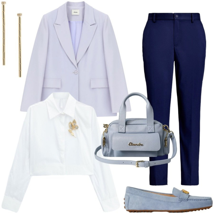 Outfit donna - Rientro a lavoro. Stile Urban per Ufficio. Abbinamento con camicie, blazer, borse a mano, pantaloni, orecchini, mocassini.