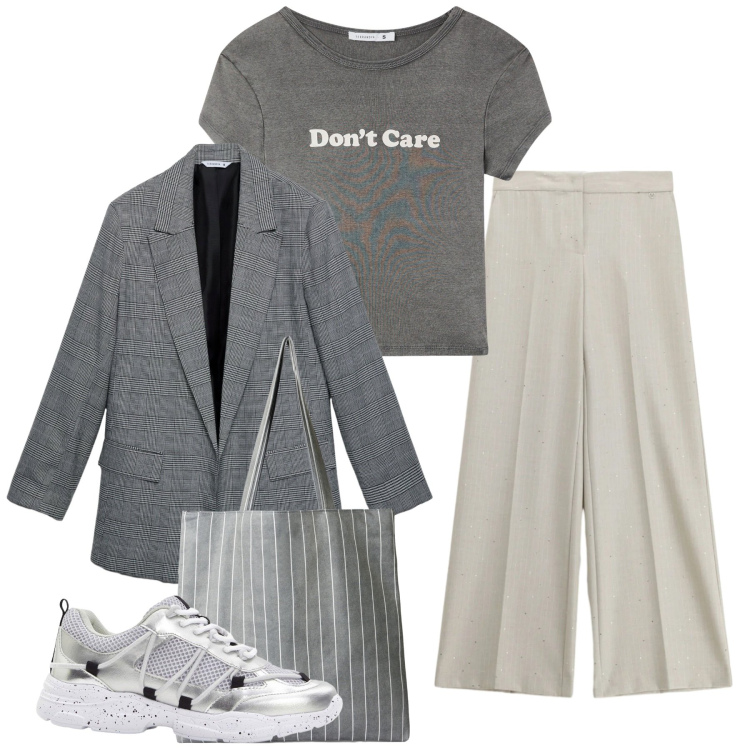 Outfit donna - Grigio. Stile Basic per Tutti i giorni. Abbinamento con sneakers, shopping bag, blazer, t-shirt, pantaloni a palazzo.