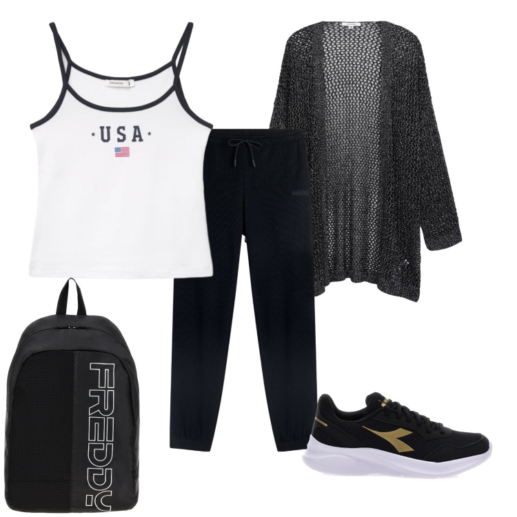 Outfit donna - Total look #2462093. Stile Casual per Sport. Abbinamento con kimono, top sportivi, zaini, pantaloni sportivi, sneakers.
