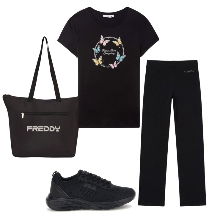 Outfit donna - Total look #2462096. Stile Casual per Sport. Abbinamento con t-shirt, pantaloni sportivi, shopping bag, sneakers.