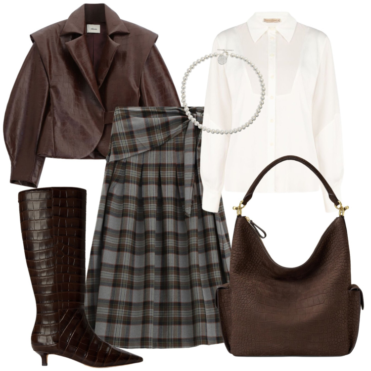 Outfit donna - Ufficio a settembre. Stile Glamour per Ufficio. Abbinamento con gonne longuette, bomber, camicie, borse a spalla, stivali, collane.