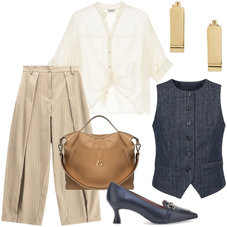 Outfit donna - Eleganza sartoriale in ufficio. Stile Mannish per Ufficio. Abbinamento con pantaloni a palazzo, camicie a manica corta, borse a mano, gilet, orecchini, décolleté.