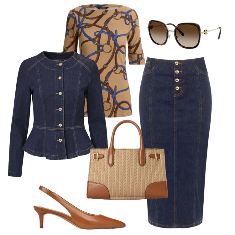 Outfit donna - Ufficio glam in denim. Stile Glamour per Ufficio. Abbinamento con gonne longuette, blazer, t-shirt, borse tote, décolleté, occhiali da sole.