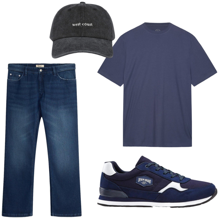 Outfit uomo - Total look #2462103. Stile Urban per Sport. Abbinamento con sneakers, jeans bootcut, cappelli con visiera, t-shirt.