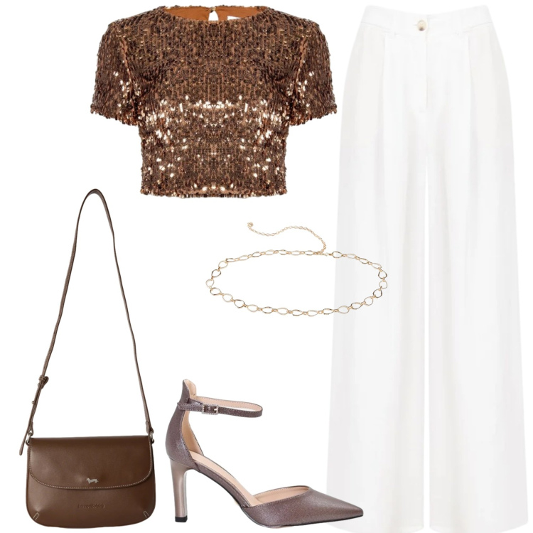 Outfit donna - Cena con top in paillettes. Stile Chic per Serata fuori. Abbinamento con cinture, borse a tracolla, top, décolleté, pantaloni a palazzo.