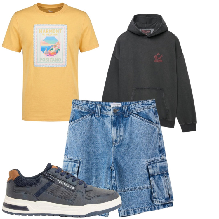 Outfit uomo - Total look #2462108. Stile Casual per Tutti i giorni. Abbinamento con sneakers, t-shirt, pantaloni corti, felpe con cappuccio.