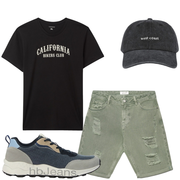 Outfit uomo - Total look #2462110. Stile Casual per Sport. Abbinamento con sneakers, cappelli con visiera, t-shirt, bermuda.