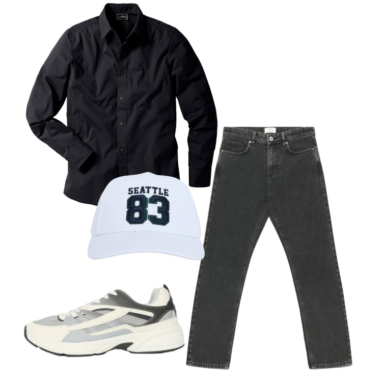 Outfit uomo - Total look #2462111. Stile Casual per Tutti i giorni. Abbinamento con camicie, cappelli con visiera, sneakers, jeans dritti.
