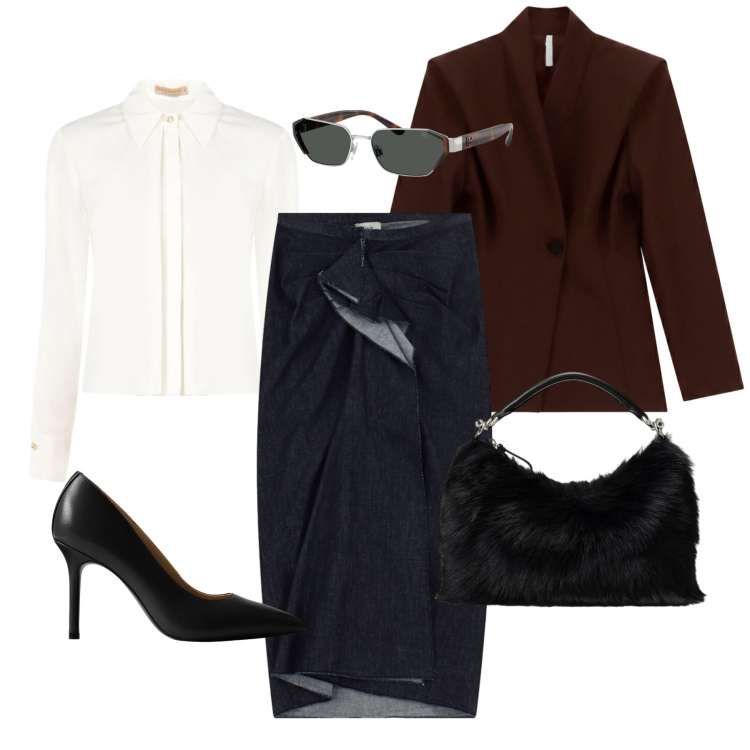 Outfit donna - Vergine: equilibrio complesso. Stile Glamour per Serata fuori. Abbinamento con blazer, gonne longuette, camicie, borse a mano, occhiali da sole, décolleté.