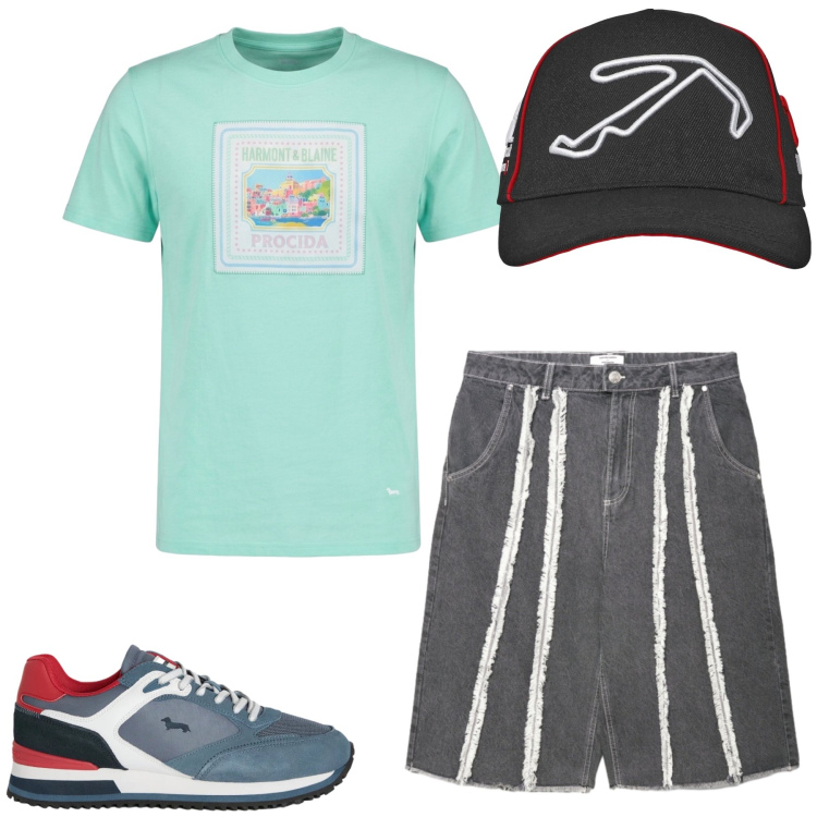 Outfit uomo - Total look #2462117. Stile Casual per Sport. Abbinamento con t-shirt, sneakers, cappelli con visiera, bermuda.