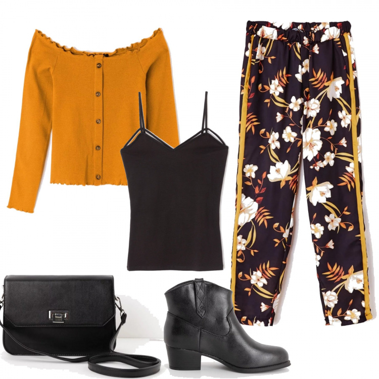 Outfit donna - New shop TERRANOVA. Stile Urban per Tutti i giorni. Abbinamento con pantalone fantasia floreale nero, canottiera nero, t-shirt con bottoni giallo, borsa a tracolla in ecopelle nero, stivaletti in ecopelle nero.
