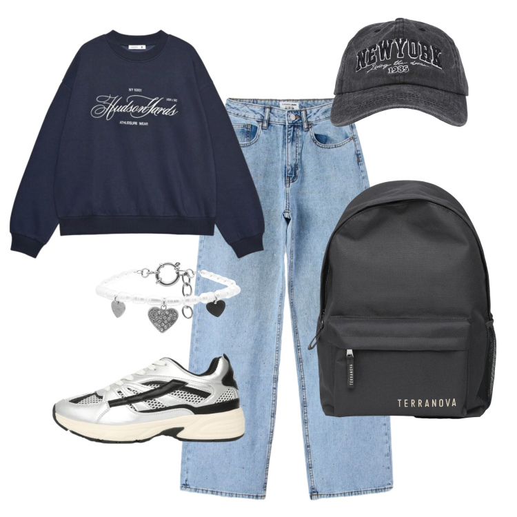 Outfit donna - Back to school. Stile Casual per Scuola/Università. Abbinamento con felpe, cappelli, sneakers, jeans, zaini, braccialetti.