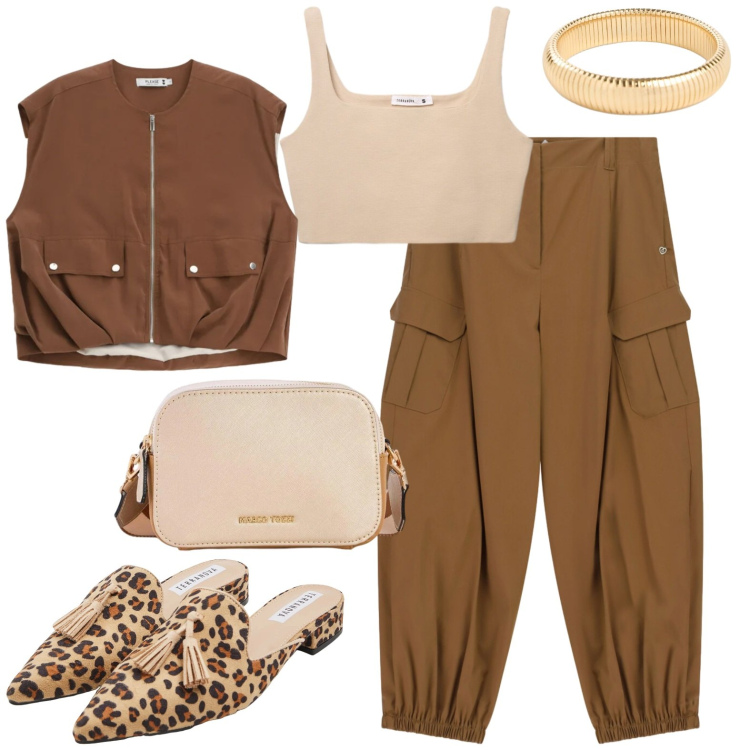 Outfit donna - Fine agosto afoso. Stile Casual per Tutti i giorni. Abbinamento con borse a tracolla, braccialetti, sabot, canottiere, pantaloni cargo, gilet.