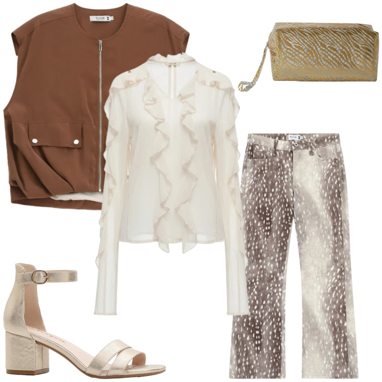 Outfit donna - Total look #2462126. Stile Glamour per Serata fuori. Abbinamento con sandali col tacco, valigie, pantaloni, gilet, bluse.