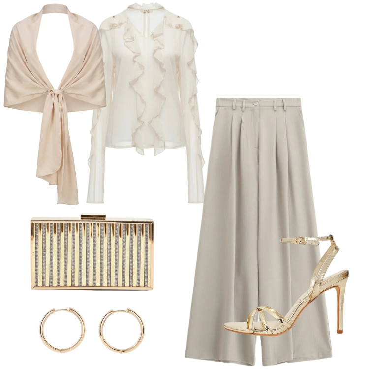 Outfit donna - Serata di gala. Stile Chic per Serata fuori. Abbinamento con orecchini, sandali col tacco, pantaloni a palazzo, bluse, clutch, stole.