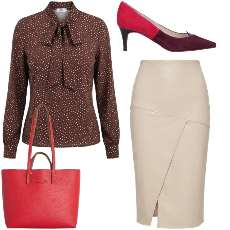 Outfit donna - Classica con brio. Stile Bon Ton per Ufficio. Abbinamento con décolleté, gonne longuette, shopping bag, bluse.