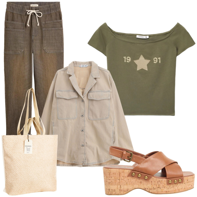 Outfit donna - Total look #2462134. Stile Glamour per Tutti i giorni. Abbinamento con zeppe, jeans dritti, t-shirt, borse tote, cappotti.