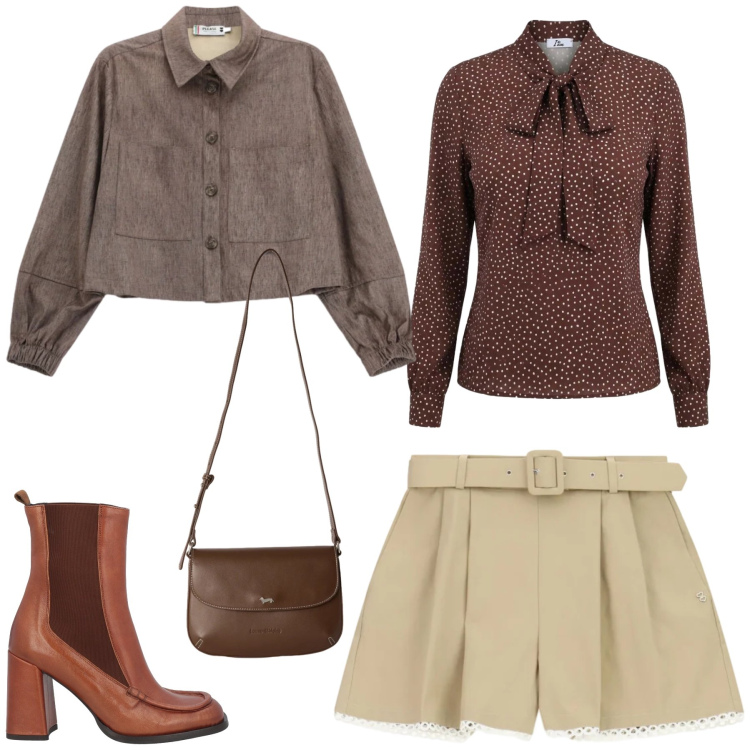 Outfit donna - Total look #2462138. Stile Glamour per Tutti i giorni. Abbinamento con stivaletti chelsea, borse a tracolla, bluse, shorts, cappotti.