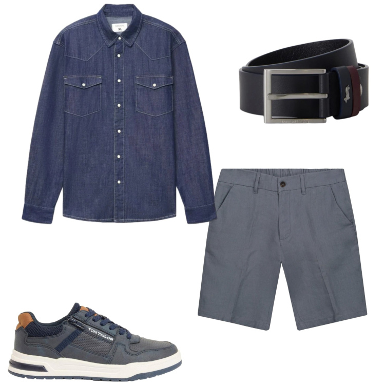 Outfit uomo - Fine agosto. Stile Casual per Tutti i giorni. Abbinamento con sneakers, cinture, camicie, bermuda.