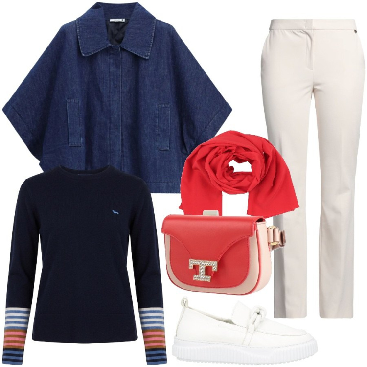 Outfit donna - Gita fuori città. Stile Casual chic per Tutti i giorni. Abbinamento con marsupi, sciarpe, pantaloni, mocassini, maglieria, blazer.