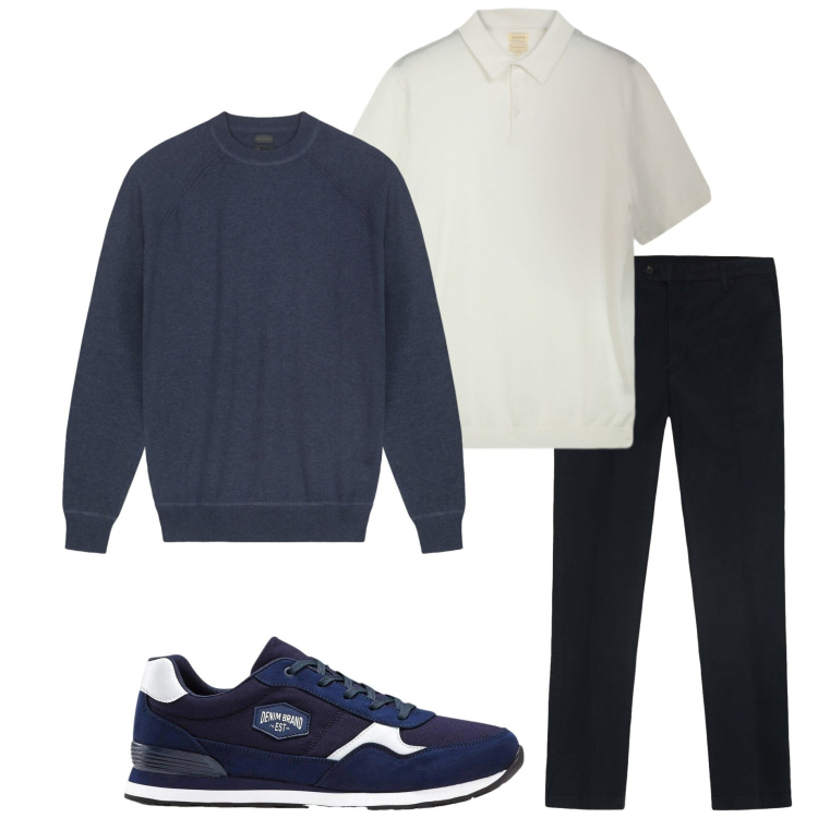 Outfit uomo - In ufficio. Stile Casual per Ufficio. Abbinamento con sneakers, maglieria, polo, pantaloni.