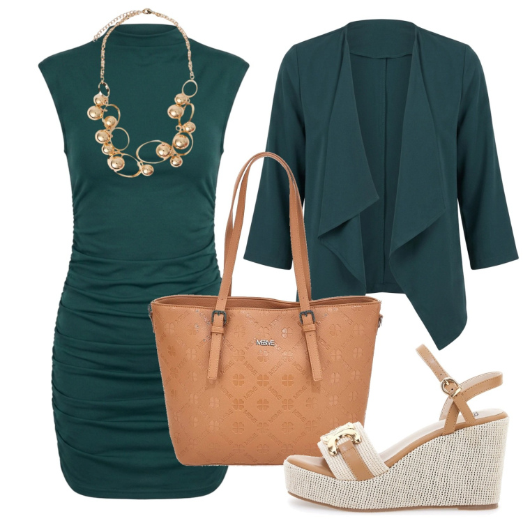Outfit donna - Dinamismo ed elegaanza. Stile Casual chic per Ufficio. Abbinamento con collane, vestiti corti, blazer, borse a tracolla, zeppe.