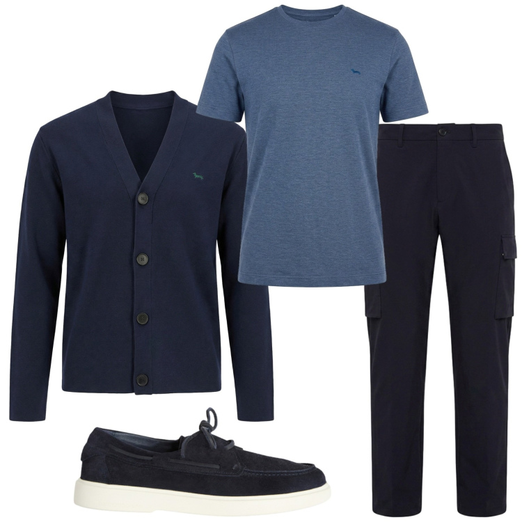 Outfit uomo - Fine agosto. Stile Casual per Tutti i giorni. Abbinamento con scarpe stringate, cardigans, t-shirt, pantaloni cargo.