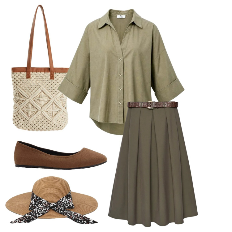 Outfit donna - Naturale in vacanza. Stile Boho per Tutti i giorni. Abbinamento con ballerine, shopping bag, cappelli, gonne lunghe, camicie.