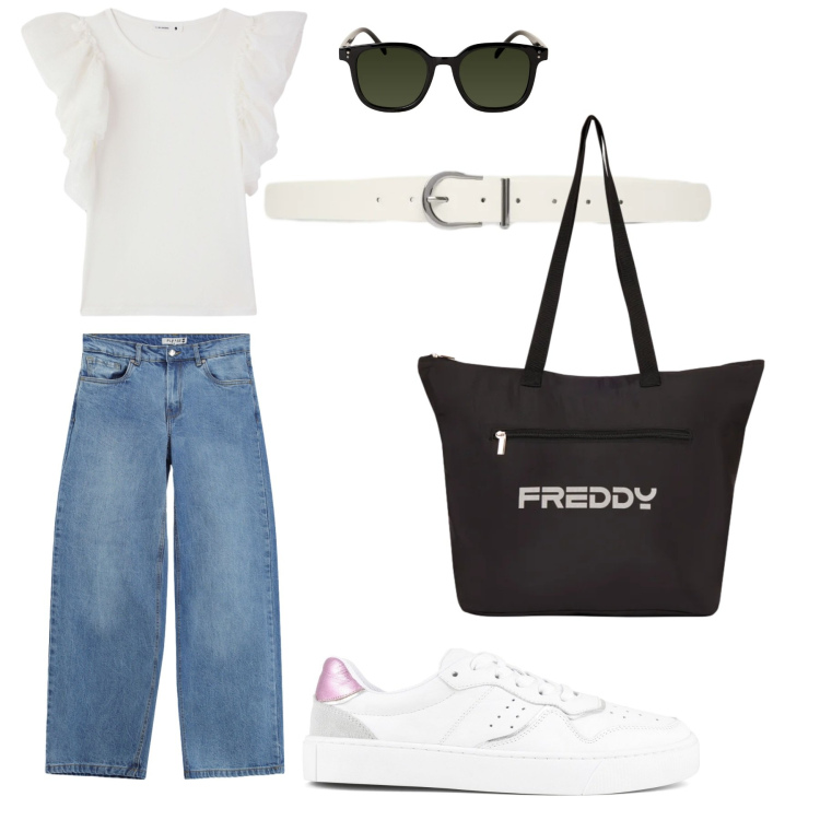 Outfit donna - Back to school. Stile Casual per Scuola/Università. Abbinamento con t-shirt, cinture, shopping bag, occhiali da sole, jeans, sneakers.