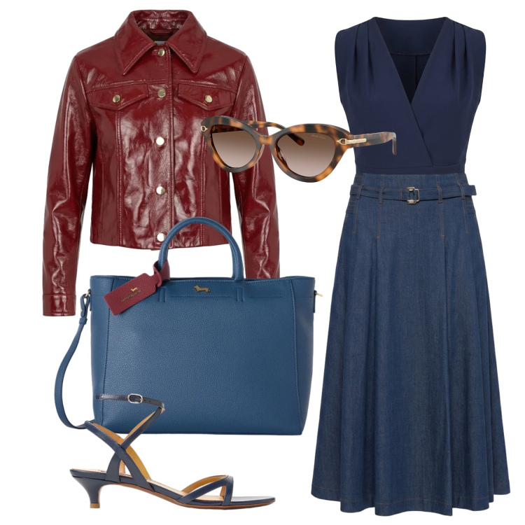 Outfit donna - Gonna new look. Stile Trendy per Ufficio. Abbinamento con gonne longuette, giacche, borse a mano, top, occhiali da sole, sandali col tacco.